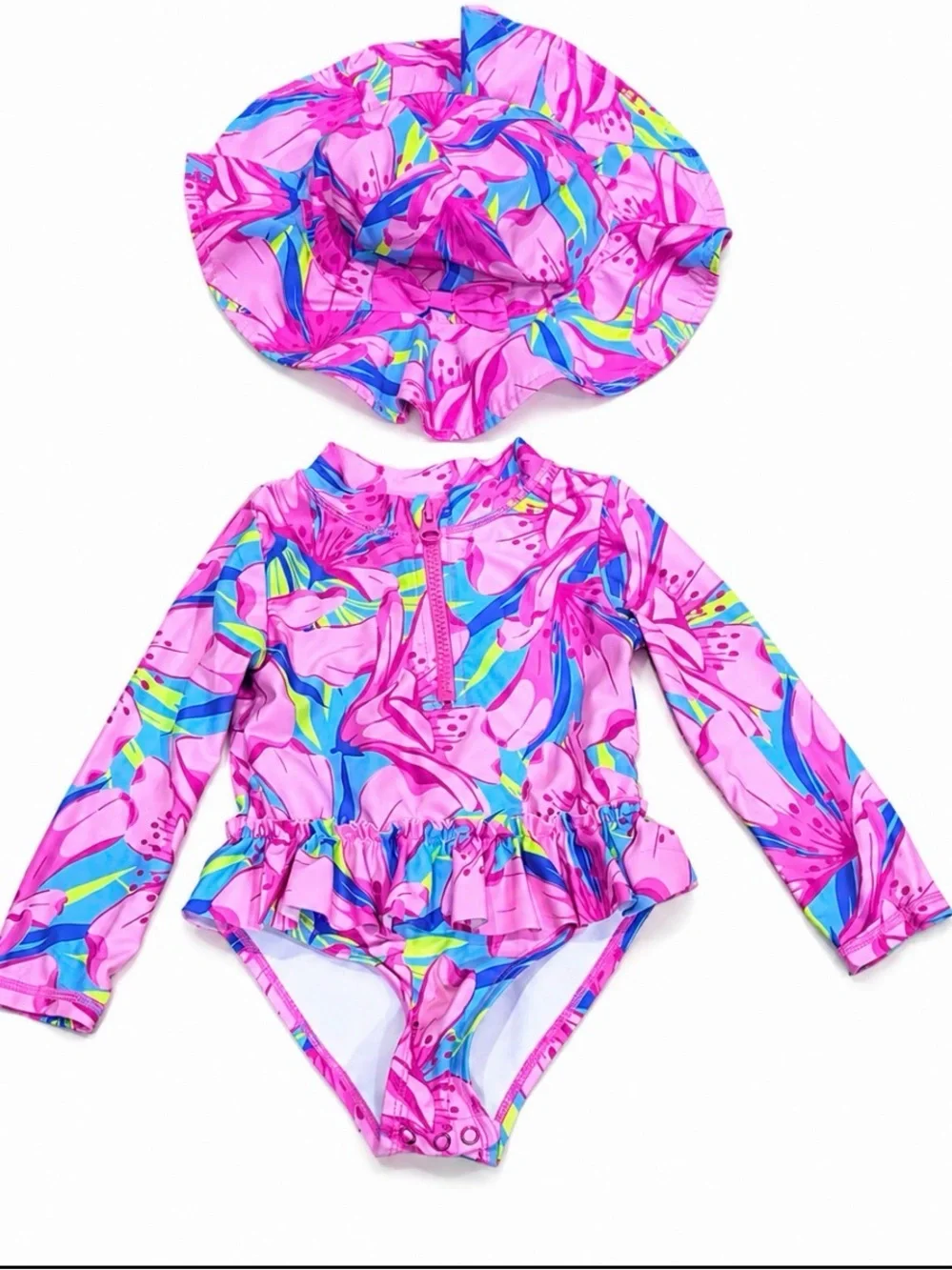 Tommy Bahama Baby Girl 24M Floral Rash Guard Swimsuit Set Hat UPF 50+ Ruffle Bow